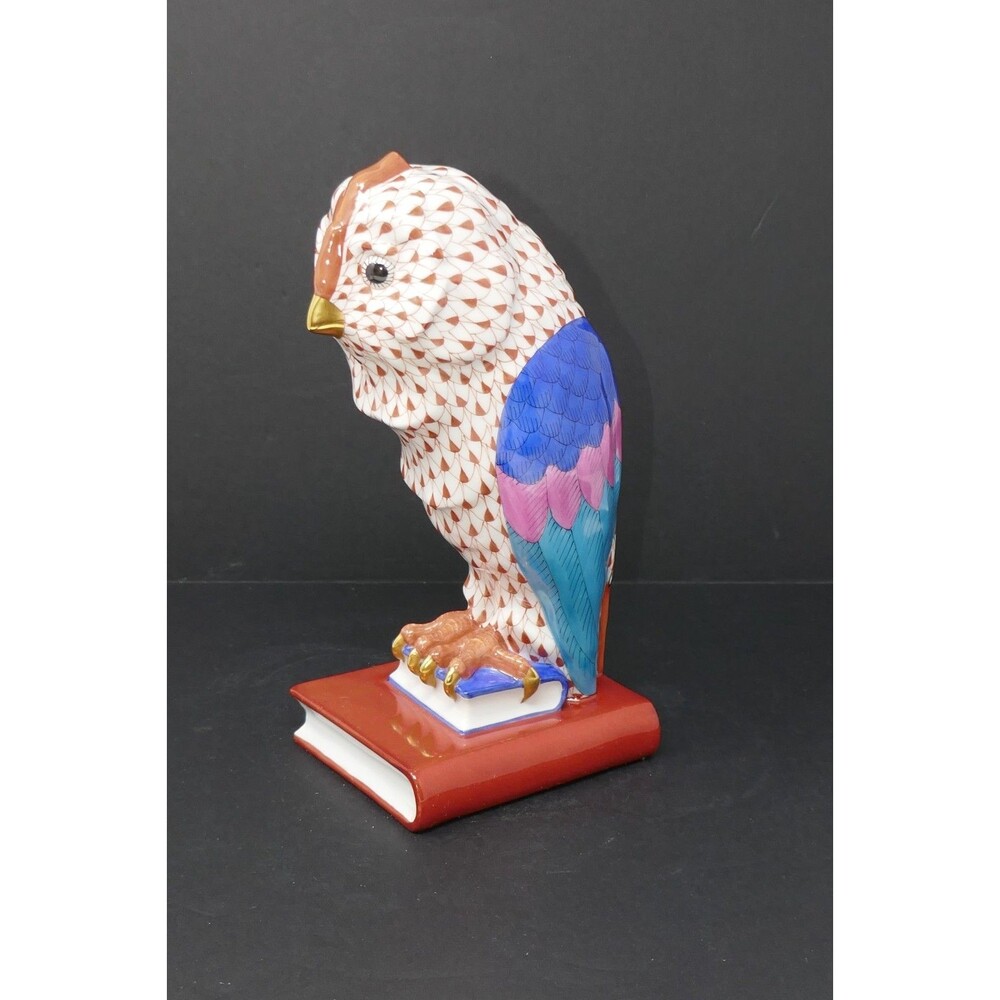 Herend Fishnet Owl on Books Medium Handpainted Porcelain Figurine 5104 Hungary - Picture 9 of 15